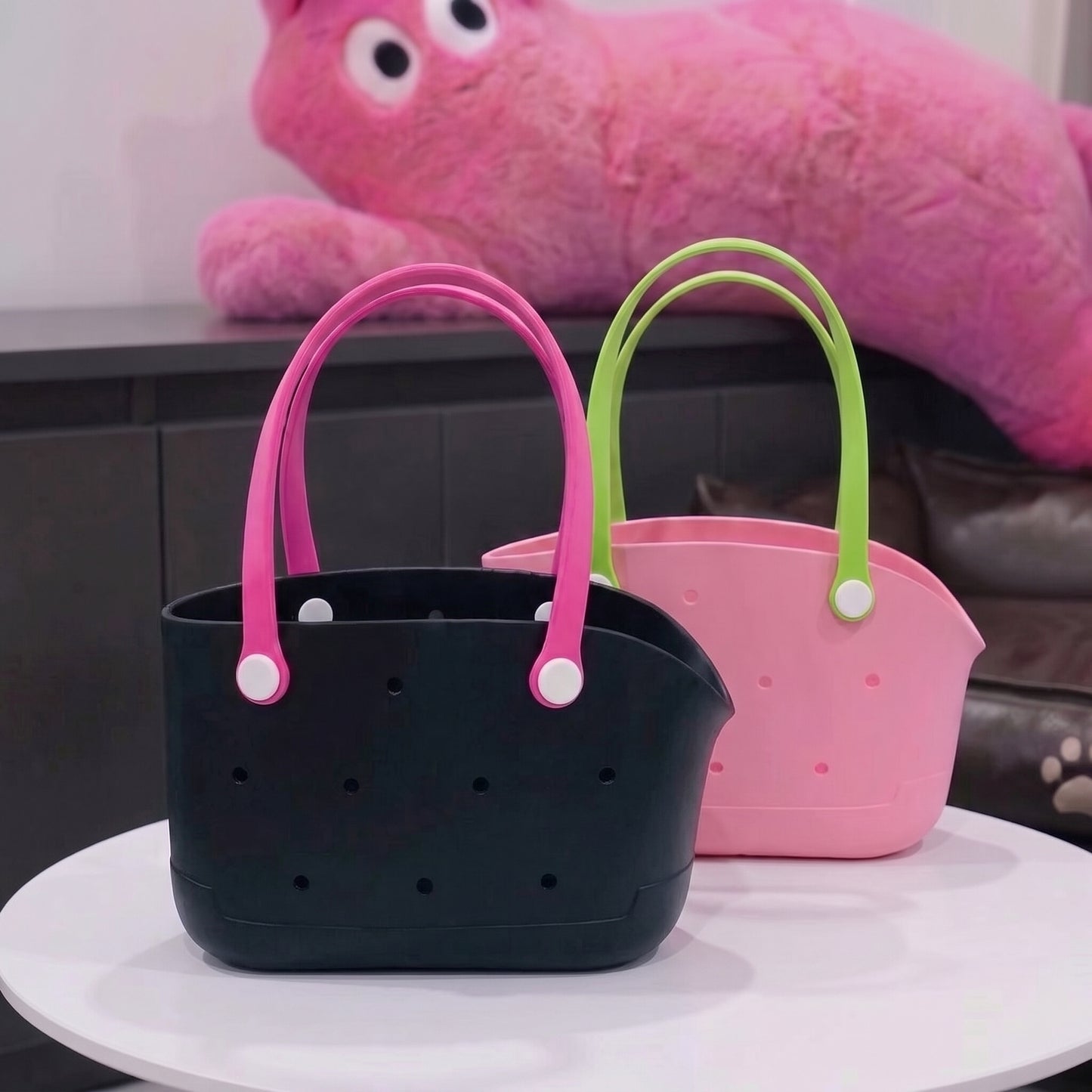 Perforated pet bag - portable, stylish, and easy to clean.