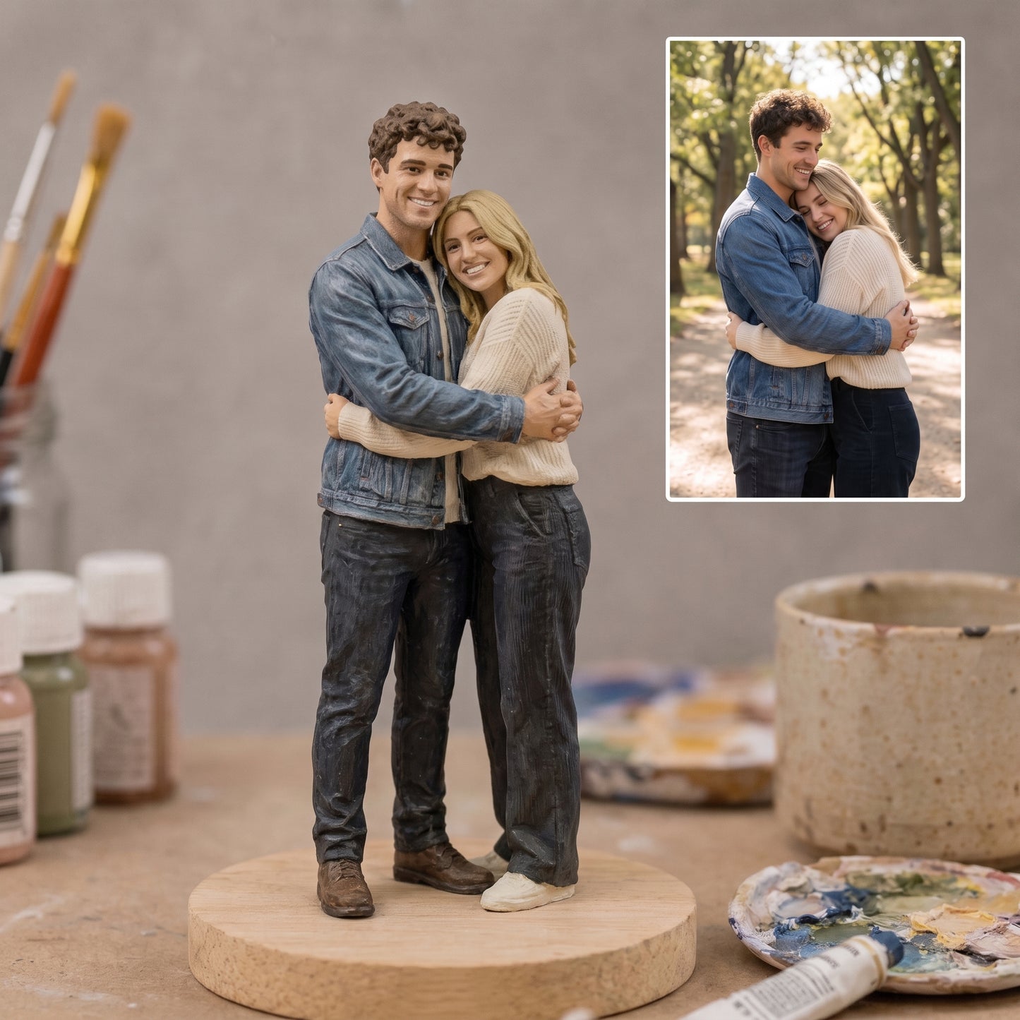 Custom Couple Figurine From Photo, Personalized 3D Statue, Handmade Wedding Anniversary Gift With Wood Base