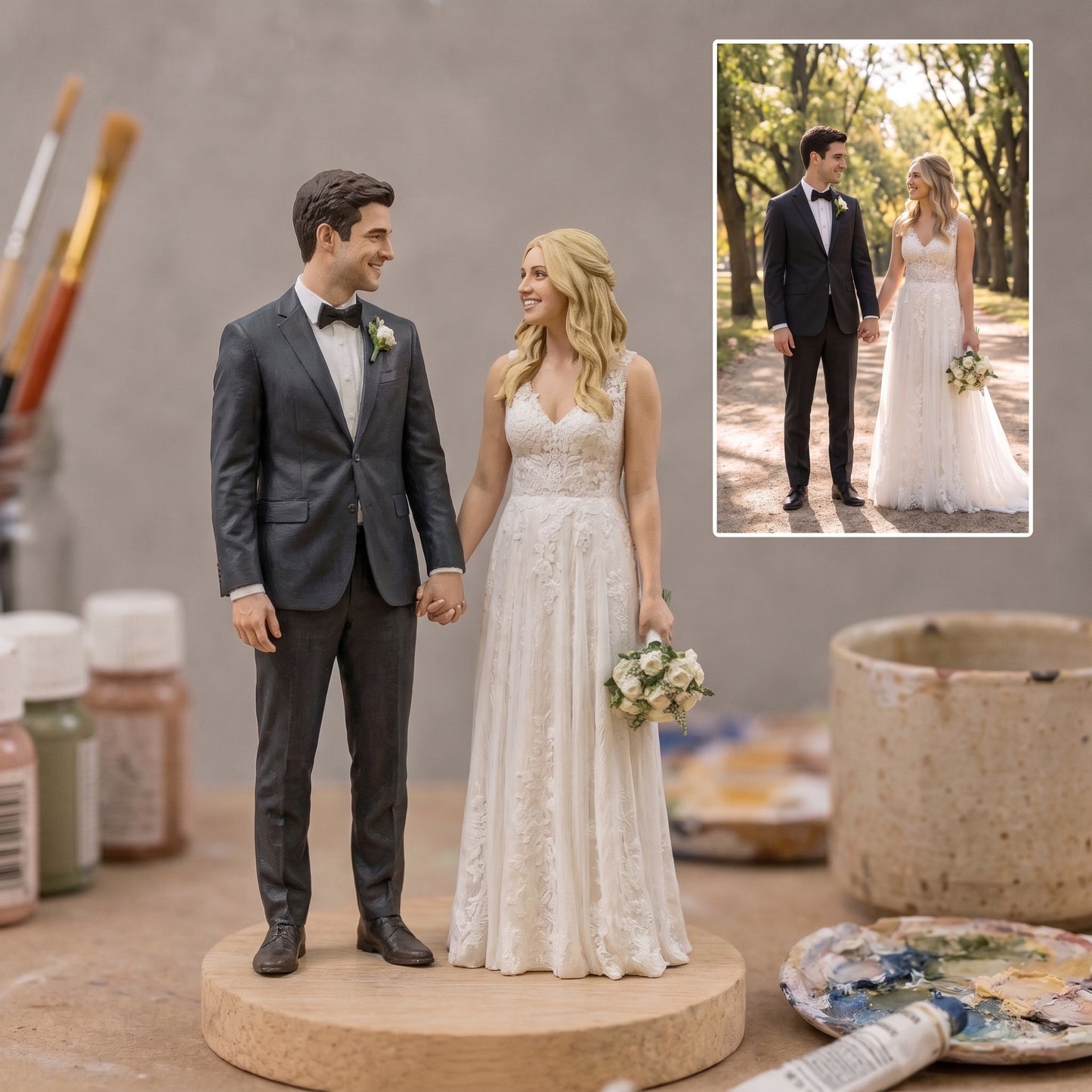 Custom Couple Figurine From Photo, Personalized 3D Statue, Handmade Wedding Anniversary Gift With Wood Base