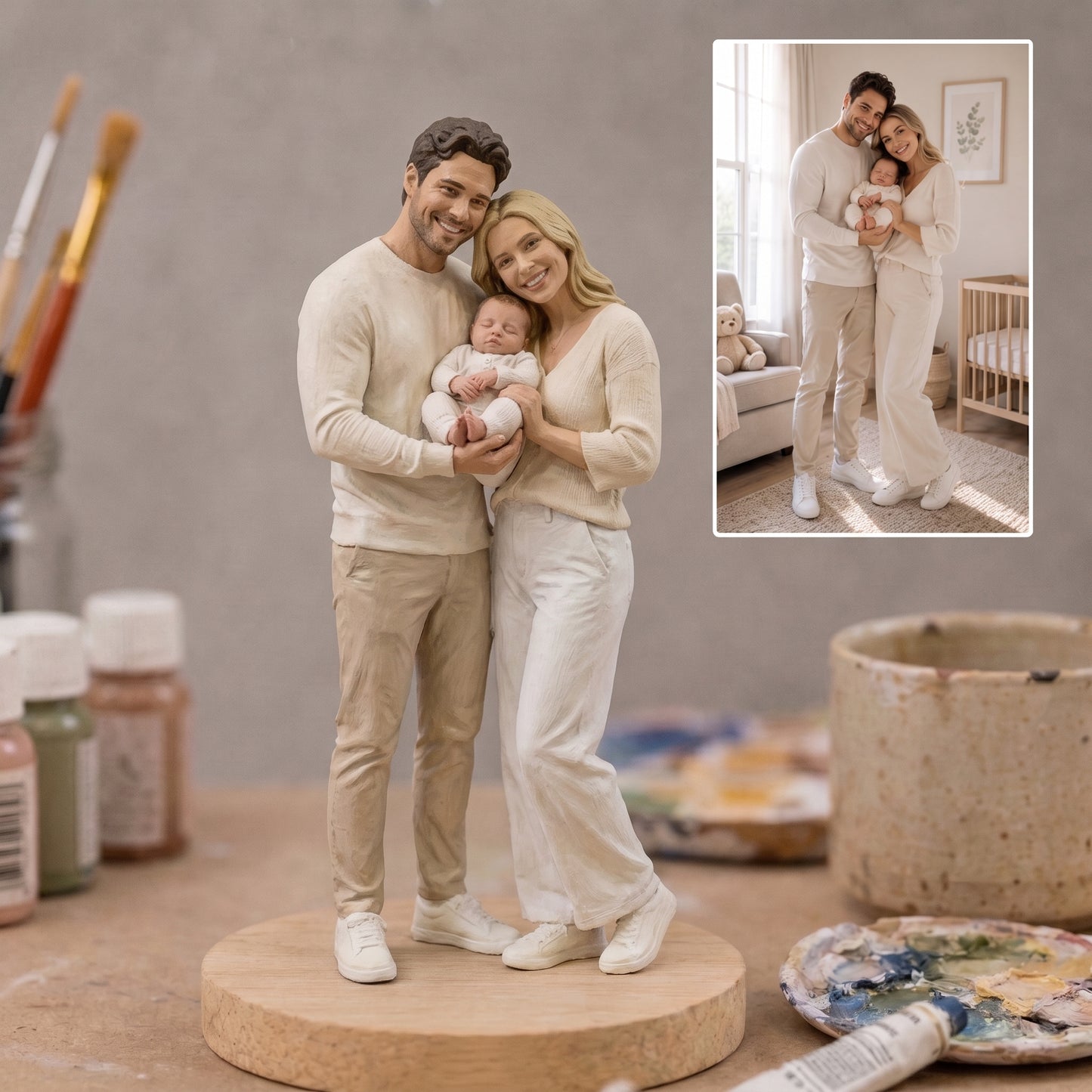 Custom Couple Figurine From Photo, Personalized 3D Statue, Handmade Wedding Anniversary Gift With Wood Base